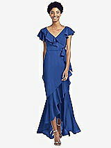 Front View Thumbnail - Classic Blue Ruffled High Low Faux Wrap Dress with Flutter Sleeves