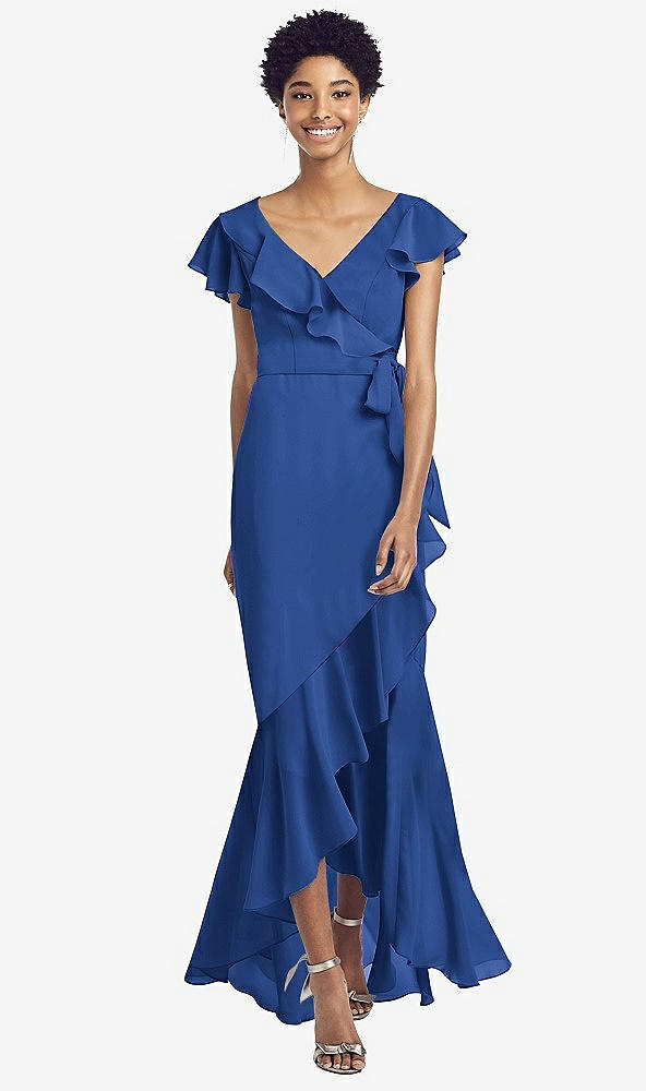 Front View - Classic Blue Ruffled High Low Faux Wrap Dress with Flutter Sleeves
