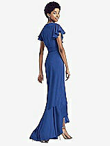 Rear View Thumbnail - Classic Blue Ruffled High Low Faux Wrap Dress with Flutter Sleeves