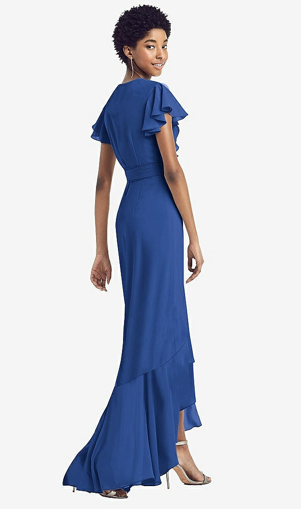 Back View - Classic Blue Ruffled High Low Faux Wrap Dress with Flutter Sleeves