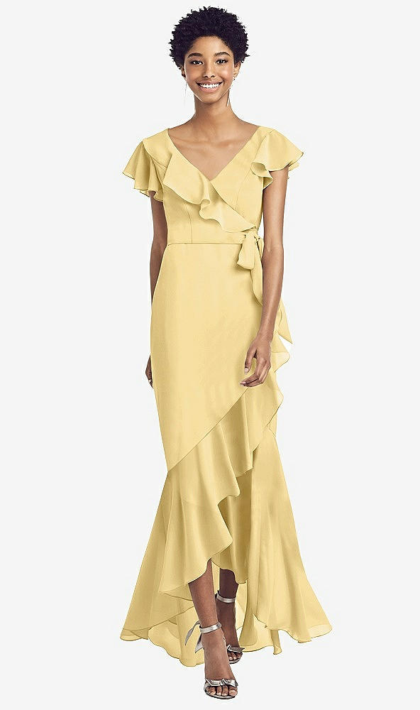Front View - Buttercup Ruffled High Low Faux Wrap Dress with Flutter Sleeves