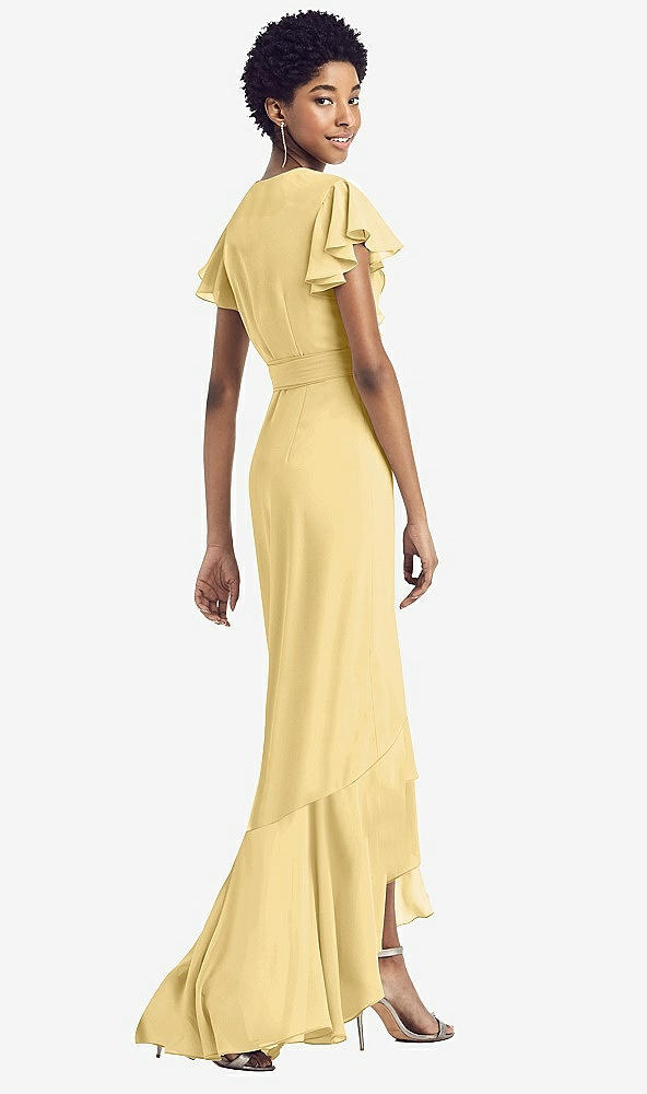 Back View - Buttercup Ruffled High Low Faux Wrap Dress with Flutter Sleeves