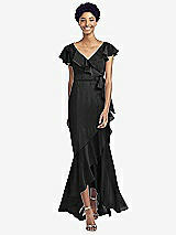 Front View Thumbnail - Black Ruffled High Low Faux Wrap Dress with Flutter Sleeves