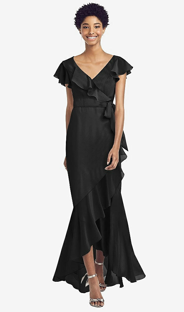 Front View - Black Ruffled High Low Faux Wrap Dress with Flutter Sleeves