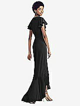 Rear View Thumbnail - Black Ruffled High Low Faux Wrap Dress with Flutter Sleeves