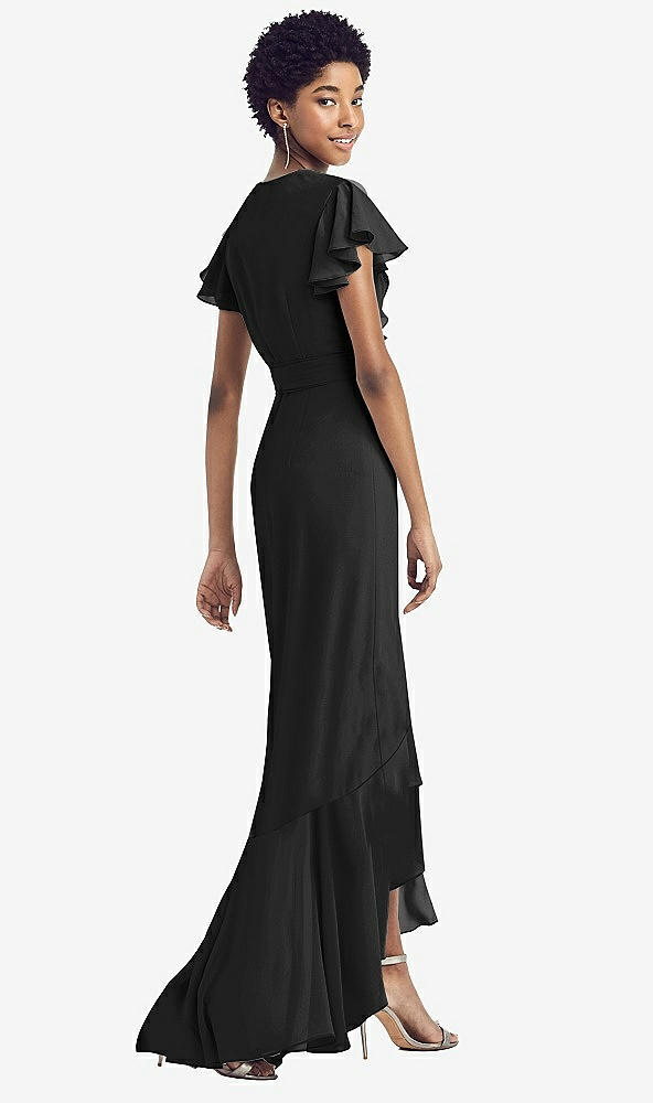 Back View - Black Ruffled High Low Faux Wrap Dress with Flutter Sleeves