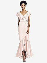 Front View Thumbnail - Blush Ruffled High Low Faux Wrap Dress with Flutter Sleeves