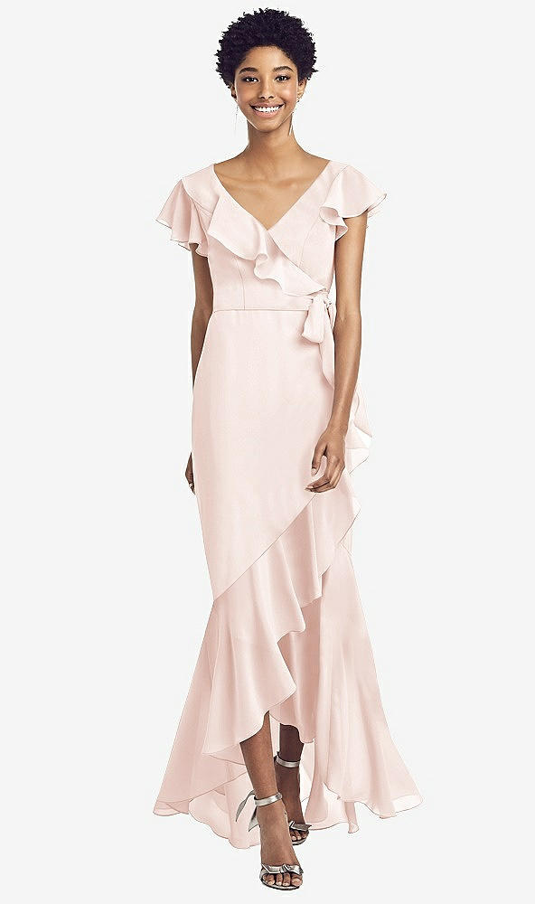 Front View - Blush Ruffled High Low Faux Wrap Dress with Flutter Sleeves