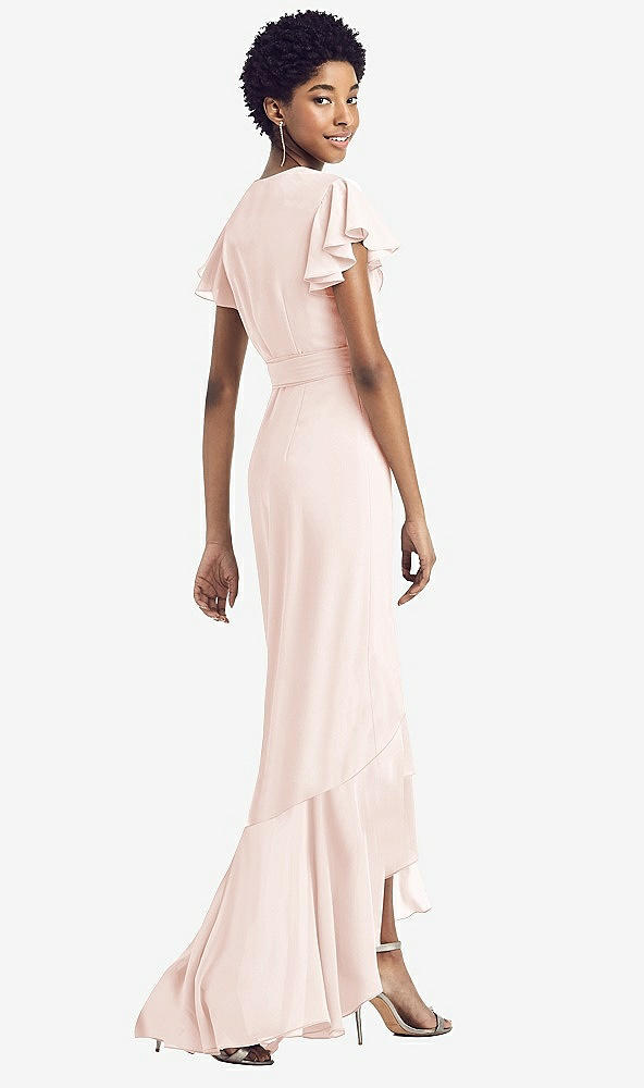Back View - Blush Ruffled High Low Faux Wrap Dress with Flutter Sleeves