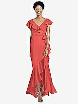 Front View Thumbnail - Perfect Coral Ruffled High Low Faux Wrap Dress with Flutter Sleeves