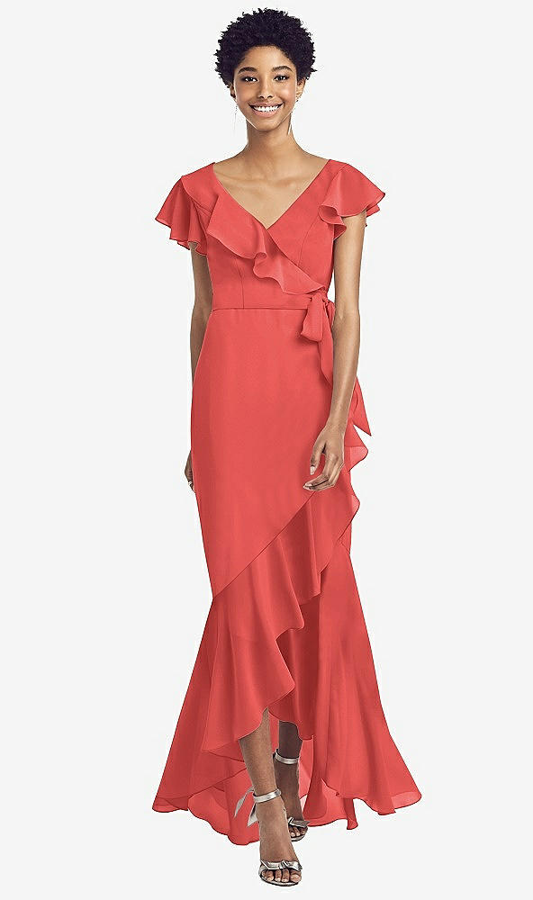 Front View - Perfect Coral Ruffled High Low Faux Wrap Dress with Flutter Sleeves