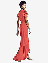 Rear View Thumbnail - Perfect Coral Ruffled High Low Faux Wrap Dress with Flutter Sleeves