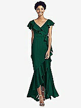 Front View Thumbnail - Hunter Green Ruffled High Low Faux Wrap Dress with Flutter Sleeves