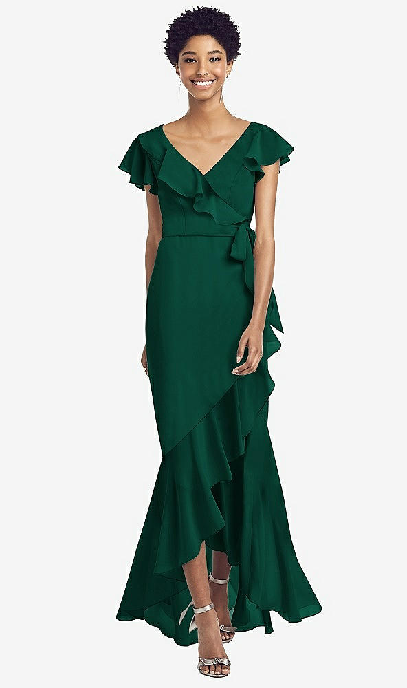Front View - Hunter Green Ruffled High Low Faux Wrap Dress with Flutter Sleeves