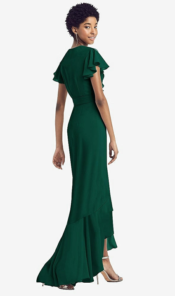 Back View - Hunter Green Ruffled High Low Faux Wrap Dress with Flutter Sleeves