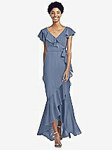 Front View Thumbnail - Larkspur Blue Ruffled High Low Faux Wrap Dress with Flutter Sleeves