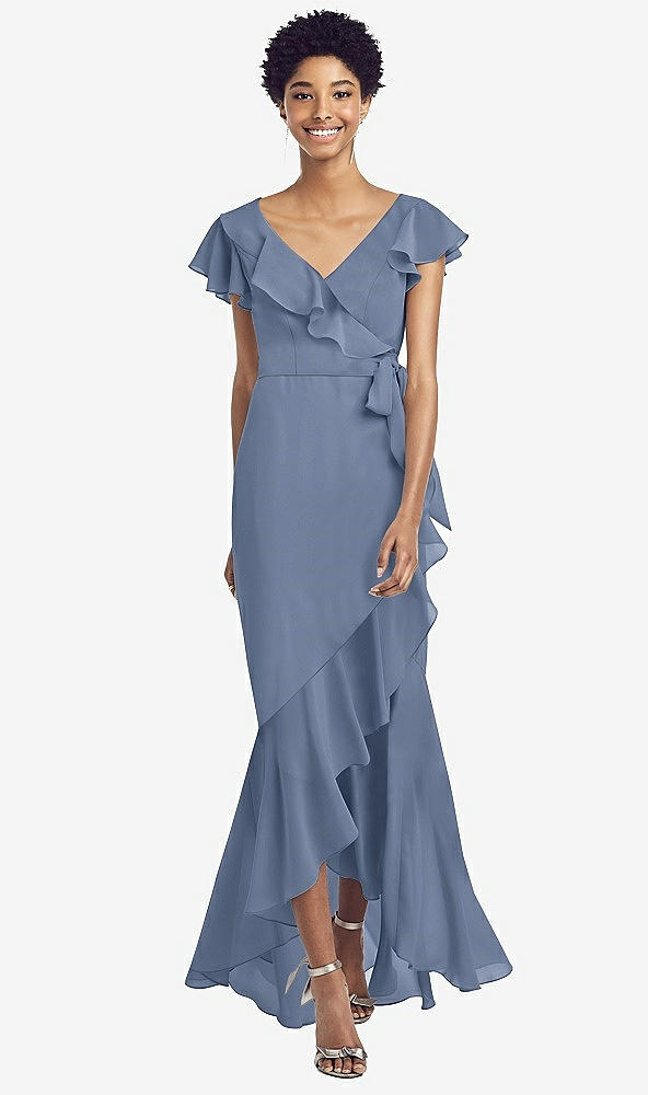 Front View - Larkspur Blue Ruffled High Low Faux Wrap Dress with Flutter Sleeves