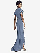 Rear View Thumbnail - Larkspur Blue Ruffled High Low Faux Wrap Dress with Flutter Sleeves