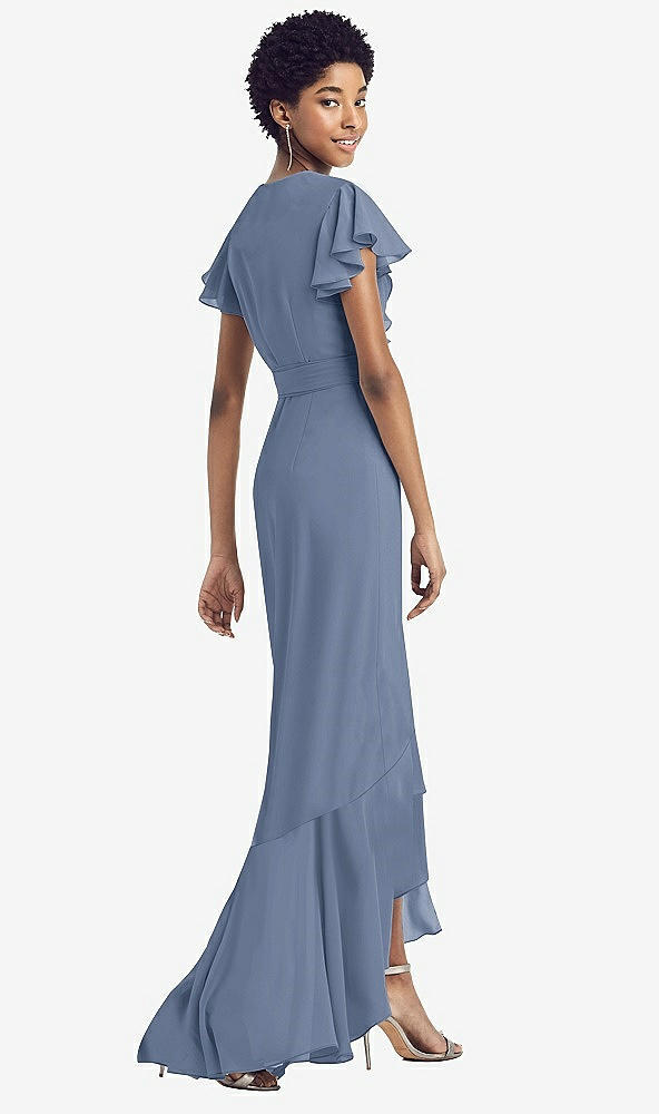 Back View - Larkspur Blue Ruffled High Low Faux Wrap Dress with Flutter Sleeves