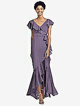 Front View Thumbnail - Lavender Ruffled High Low Faux Wrap Dress with Flutter Sleeves