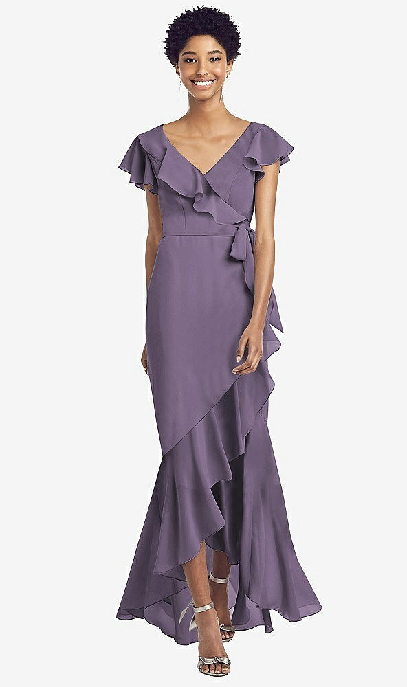 Front View - Lavender Ruffled High Low Faux Wrap Dress with Flutter Sleeves