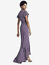 Rear View Thumbnail - Lavender Ruffled High Low Faux Wrap Dress with Flutter Sleeves