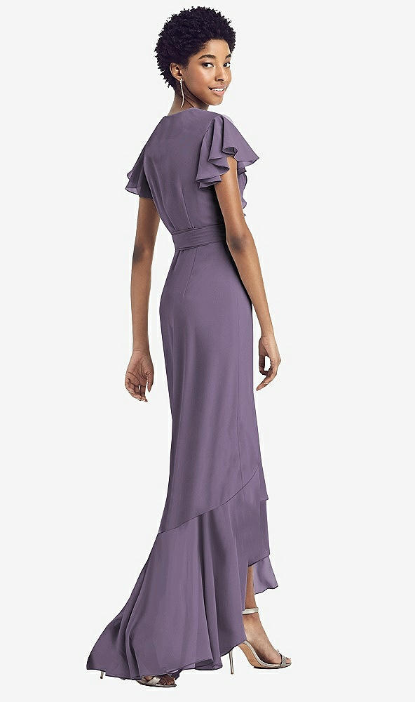 Back View - Lavender Ruffled High Low Faux Wrap Dress with Flutter Sleeves