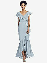 Front View Thumbnail - Mist Ruffled High Low Faux Wrap Dress with Flutter Sleeves