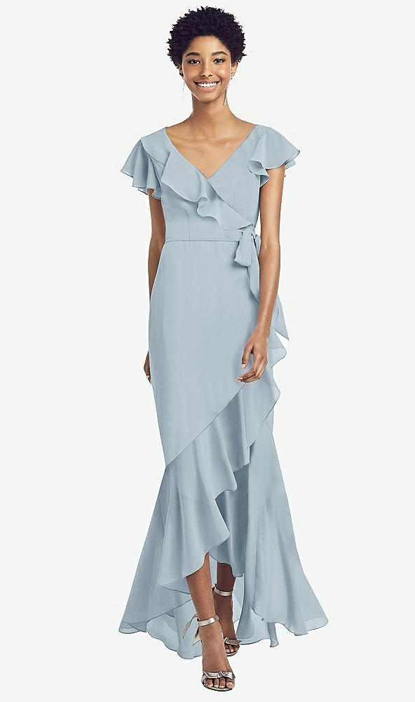 Front View - Mist Ruffled High Low Faux Wrap Dress with Flutter Sleeves