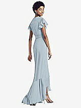 Rear View Thumbnail - Mist Ruffled High Low Faux Wrap Dress with Flutter Sleeves