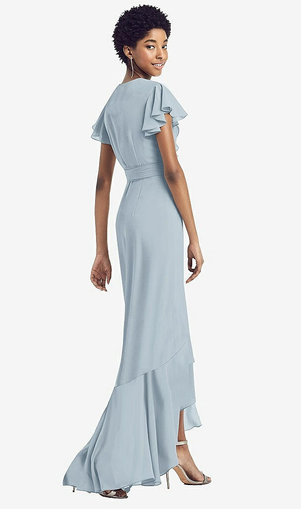 Back View - Mist Ruffled High Low Faux Wrap Dress with Flutter Sleeves