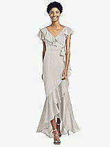 Front View Thumbnail - Oyster Ruffled High Low Faux Wrap Dress with Flutter Sleeves