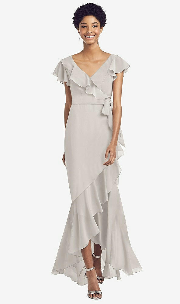 Front View - Oyster Ruffled High Low Faux Wrap Dress with Flutter Sleeves