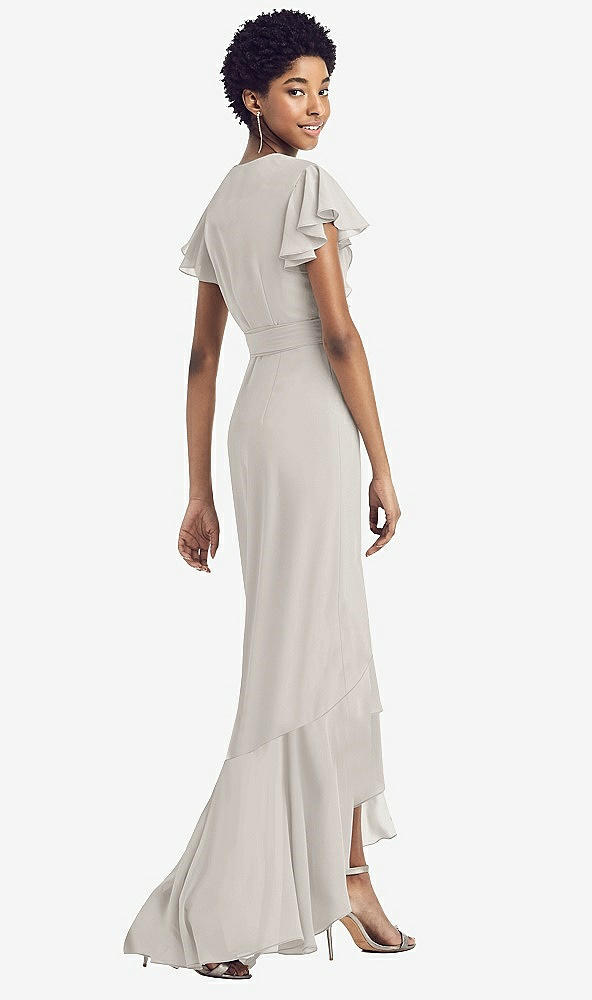 Back View - Oyster Ruffled High Low Faux Wrap Dress with Flutter Sleeves