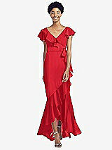 Front View Thumbnail - Parisian Red Ruffled High Low Faux Wrap Dress with Flutter Sleeves