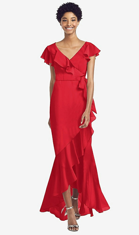 Front View - Parisian Red Ruffled High Low Faux Wrap Dress with Flutter Sleeves