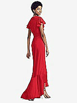 Rear View Thumbnail - Parisian Red Ruffled High Low Faux Wrap Dress with Flutter Sleeves