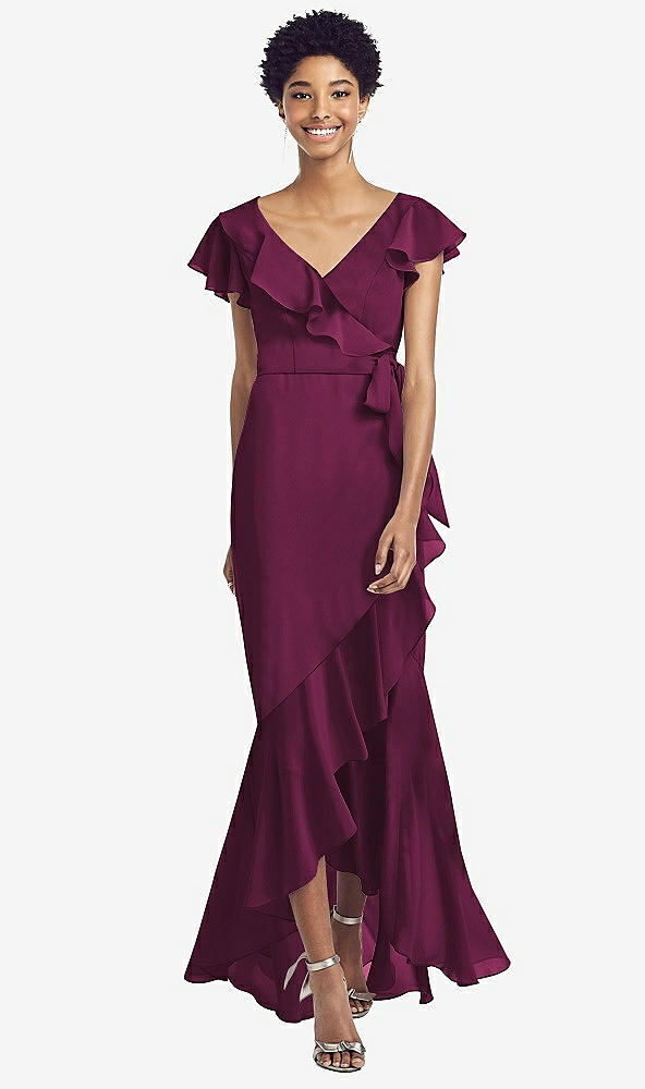 Front View - Ruby Ruffled High Low Faux Wrap Dress with Flutter Sleeves