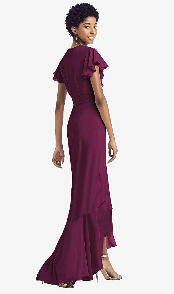 Back View - Ruby Ruffled High Low Faux Wrap Dress with Flutter Sleeves