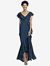Front View Thumbnail - Sofia Blue Ruffled High Low Faux Wrap Dress with Flutter Sleeves