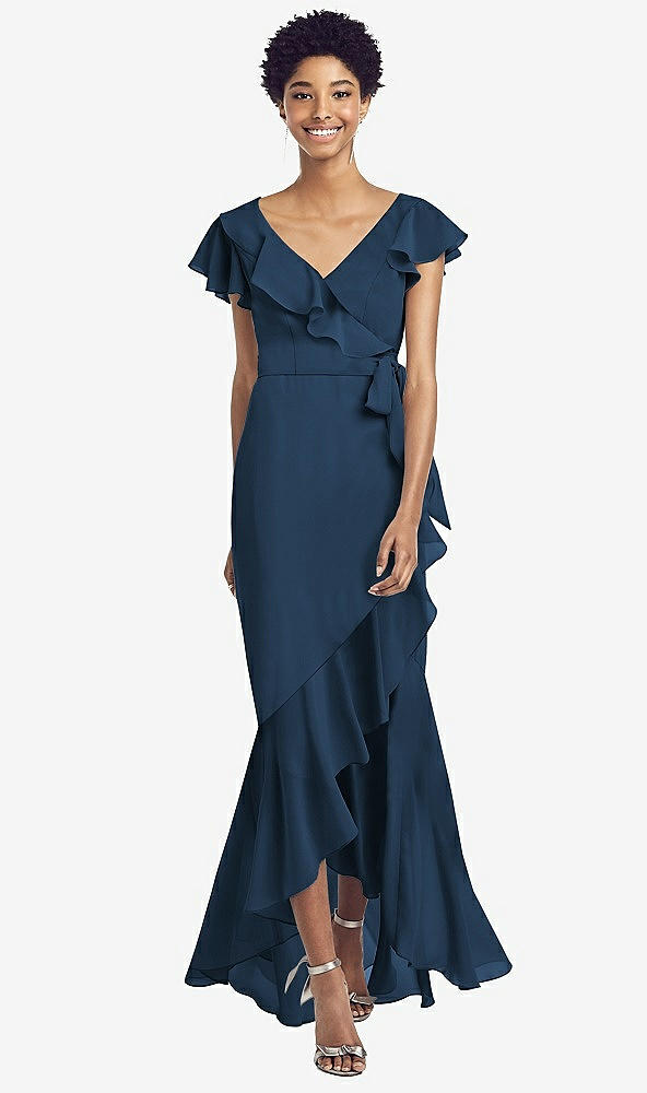 Front View - Sofia Blue Ruffled High Low Faux Wrap Dress with Flutter Sleeves