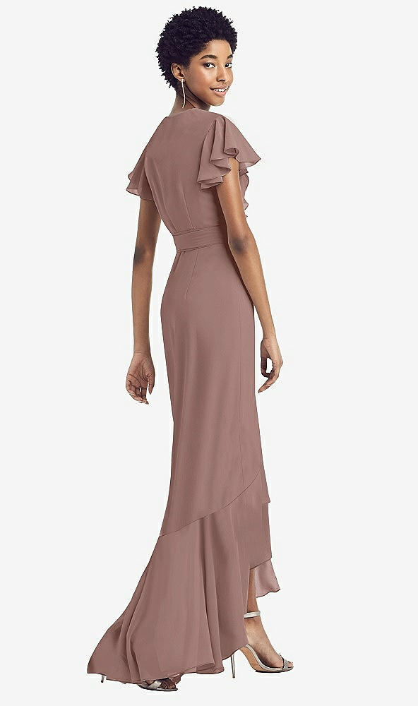 Back View - Sienna Ruffled High Low Faux Wrap Dress with Flutter Sleeves