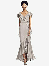 Front View Thumbnail - Taupe Ruffled High Low Faux Wrap Dress with Flutter Sleeves