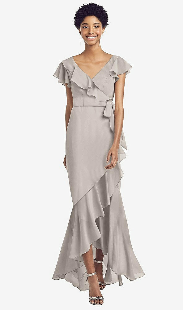 Front View - Taupe Ruffled High Low Faux Wrap Dress with Flutter Sleeves