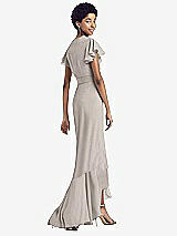 Rear View Thumbnail - Taupe Ruffled High Low Faux Wrap Dress with Flutter Sleeves