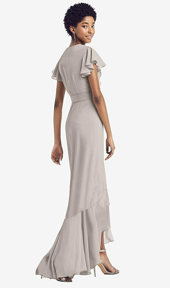Back View - Taupe Ruffled High Low Faux Wrap Dress with Flutter Sleeves