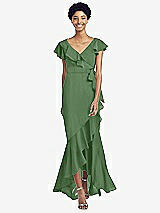 Front View Thumbnail - Vineyard Green Ruffled High Low Faux Wrap Dress with Flutter Sleeves