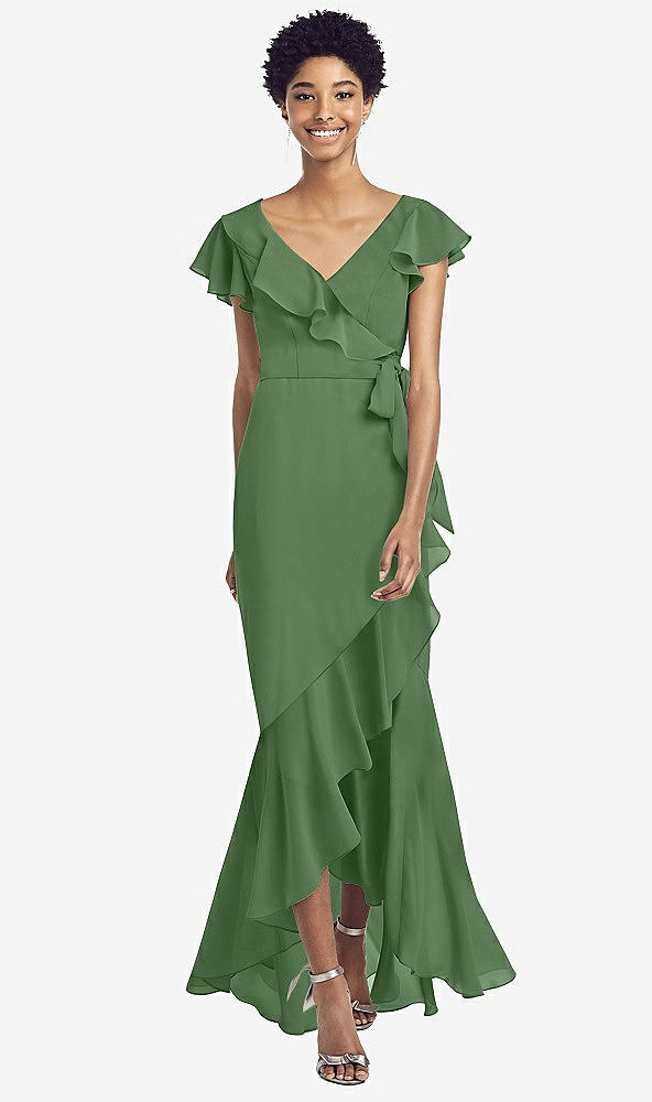 Front View - Vineyard Green Ruffled High Low Faux Wrap Dress with Flutter Sleeves