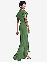 Rear View Thumbnail - Vineyard Green Ruffled High Low Faux Wrap Dress with Flutter Sleeves