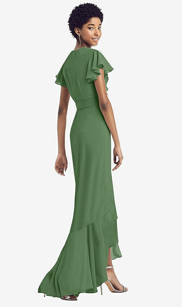 Back View - Vineyard Green Ruffled High Low Faux Wrap Dress with Flutter Sleeves